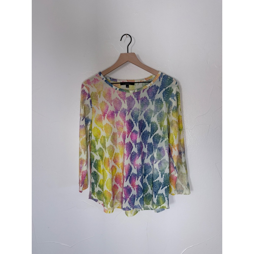 Calessa Rainbow Feather Print Burnout Long Sleeve Top Size L